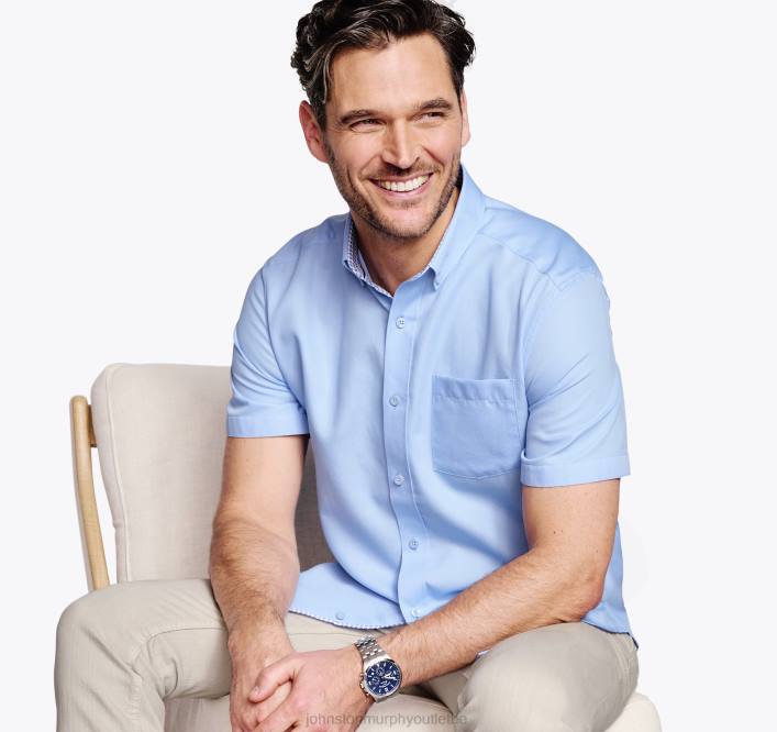 Johnston & Murphy unisexe chemise à manches courtes en coton texturé TXRN509 vêtements bleu solide