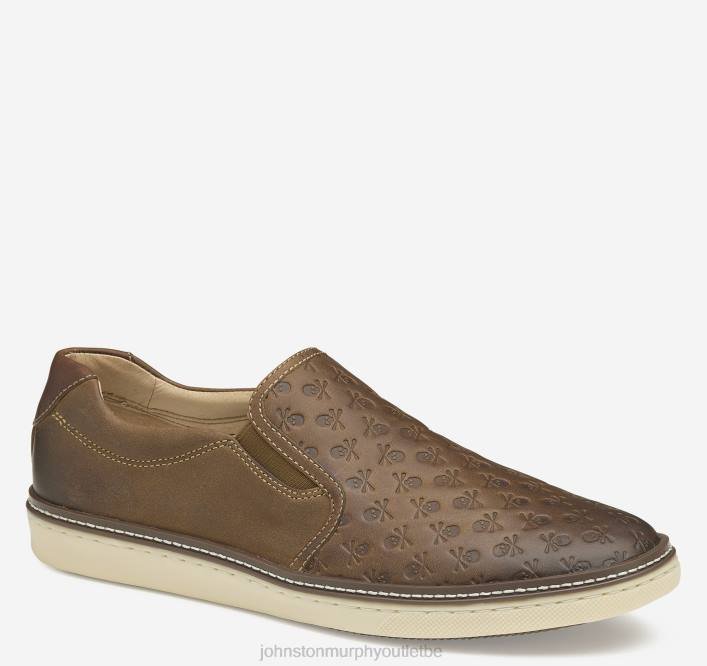 Johnston & Murphy Hommes chaussures à enfiler à tête de mort embossée mcguffey TXRN26 chaussures grains entiers huilés bruns
