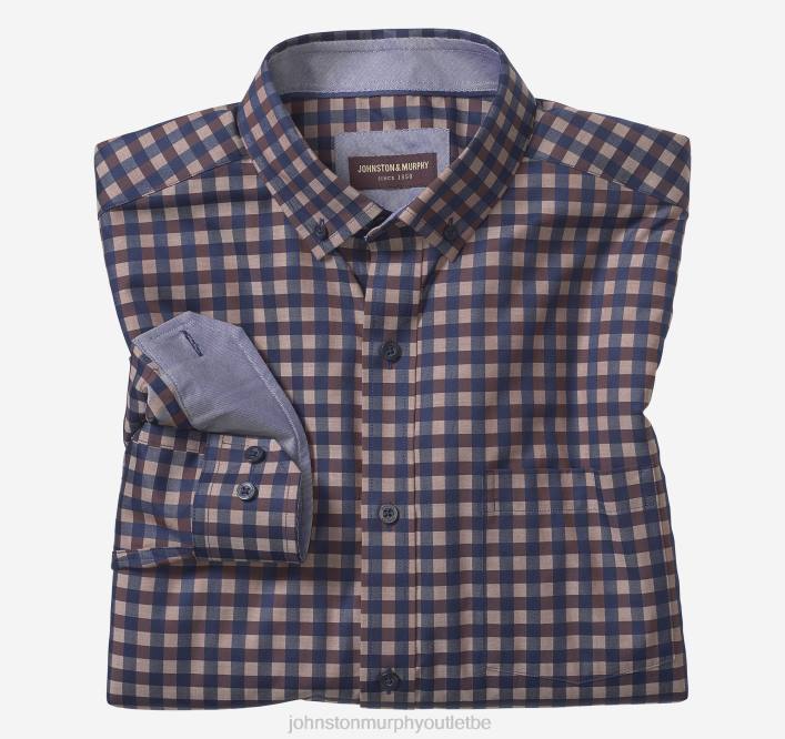 Johnston & Murphy Hommes chemise en coton de qualité supérieure à col boutonné TXRN615 vêtements vichy bleu marine/marron