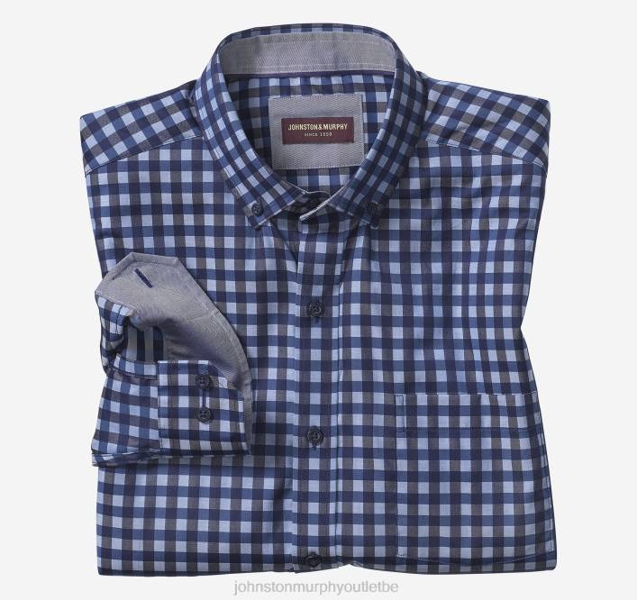 Johnston & Murphy Hommes chemise en coton de qualité supérieure à col boutonné TXRN731 vêtements vichy sergé foncé bleu marine/bleu