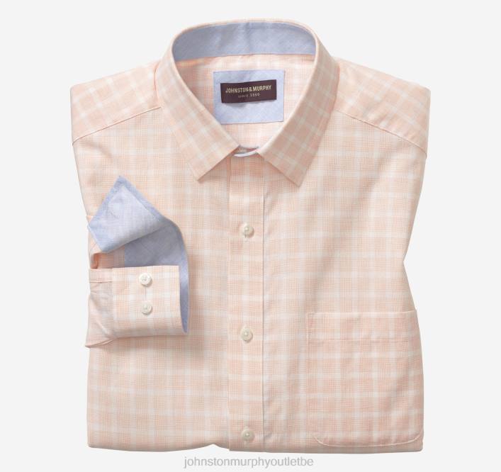 Johnston & Murphy Hommes chemise en lin mélangé lavé TXRN545 vêtements vérification des lignes fines pêche