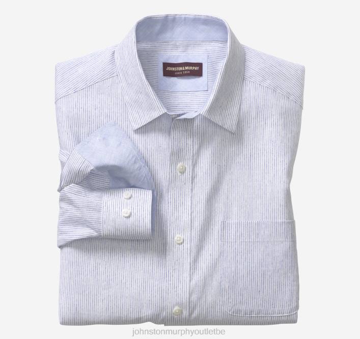 Johnston & Murphy Hommes chemise en lin mélangé lavé TXRN612 vêtements rayure flammée blanc/bleu