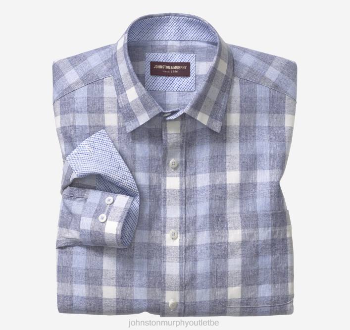 Johnston & Murphy Hommes chemise en lin mélangé lavé TXRN721 vêtements gros chèque bleu