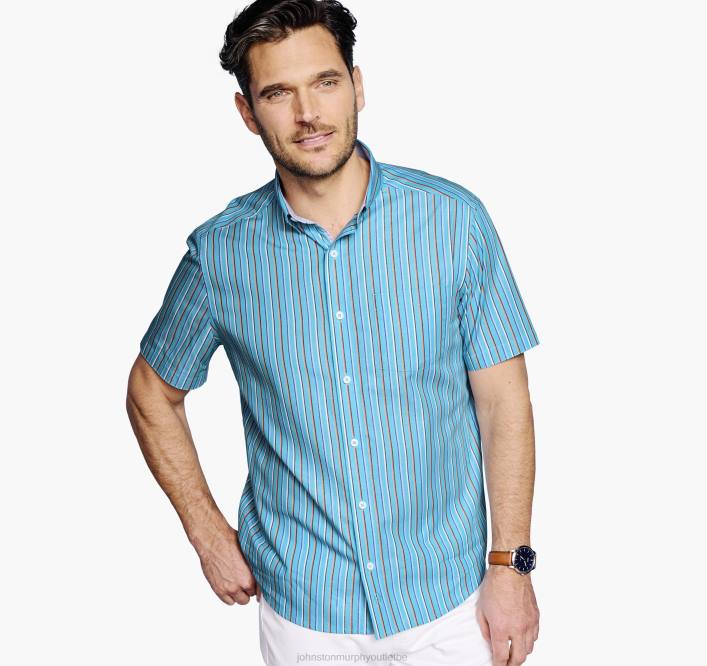 Johnston & Murphy Hommes chemise à manches courtes en coton imprimé TXRN529 vêtements rayure turquoise