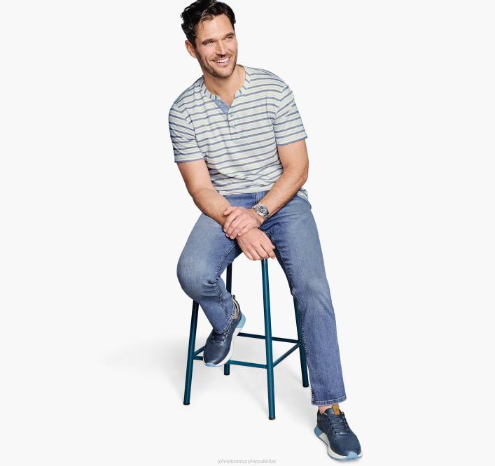 Johnston & Murphy Hommes Henley à manches courtes TXRN536 vêtements rayure blanche/bleue