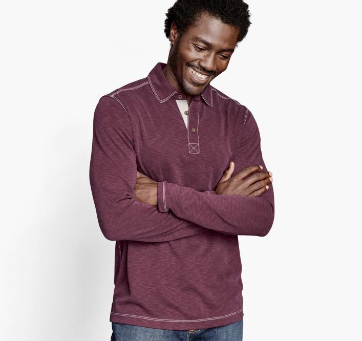 Johnston & Murphy Hommes polo flammé vintage à manches longues TXRN855 vêtements Bourgogne