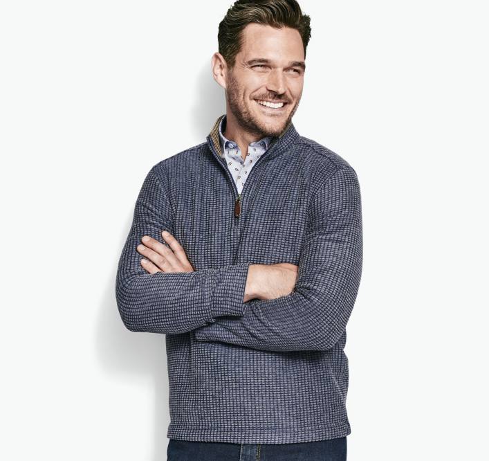 Johnston & Murphy Hommes quart de zip gaufré TXRN889 vêtements bleu
